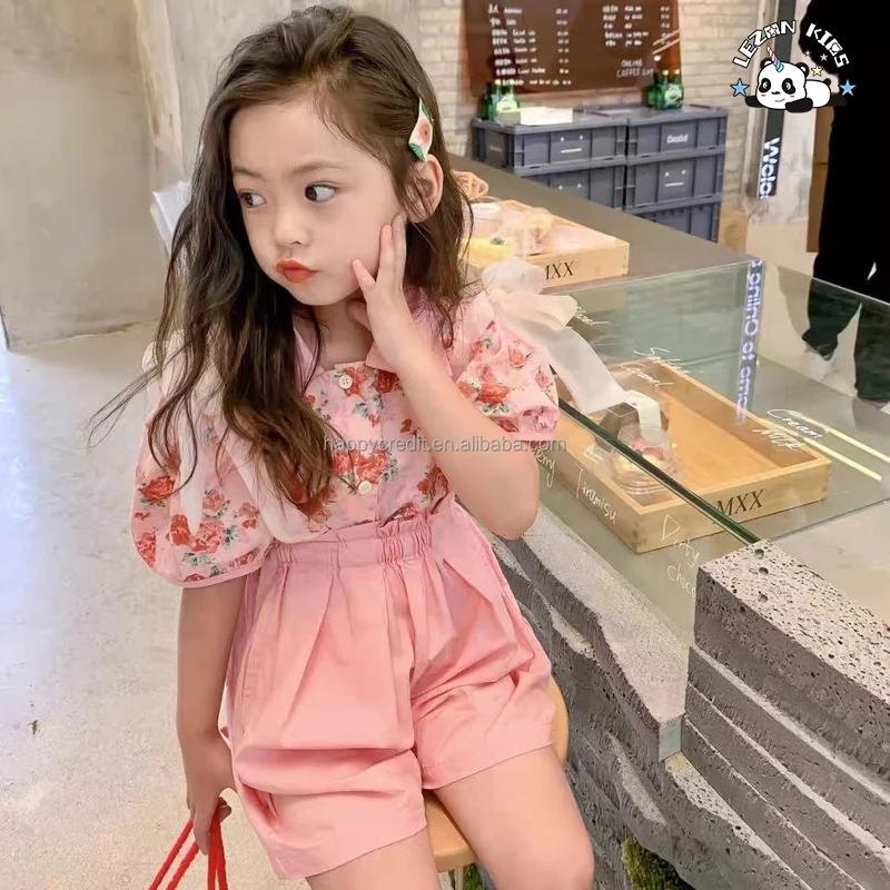 LEZONKIDS - Customizable New Summer Floral Short Sleeve Cotton Children Little Girls Clothing Sets for Kids